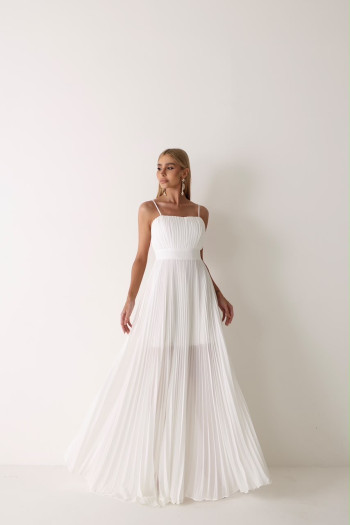 VESTIDO CELINE LONGO PLISSADO CHIFFON - OFF WHITE
