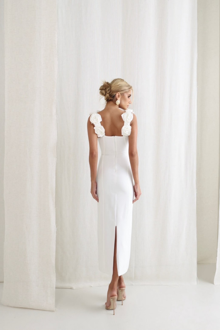VESTIDO JASMINE LONGUETE TUBINHO FLOWERS ALFAIATARIA - OFF WHITE