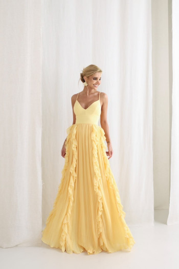 VESTIDO LIZ SAIA PLISSADA BABADO - AMARELO