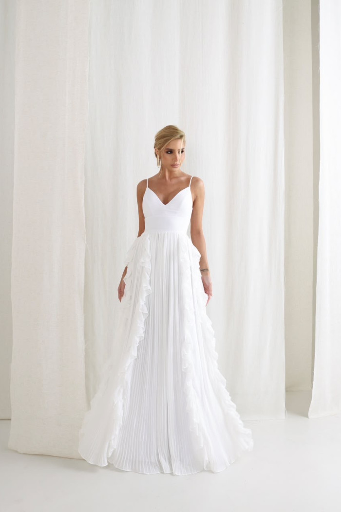 VESTIDO LIZ SAIA PLISSADA BABADO - OFF WHITE