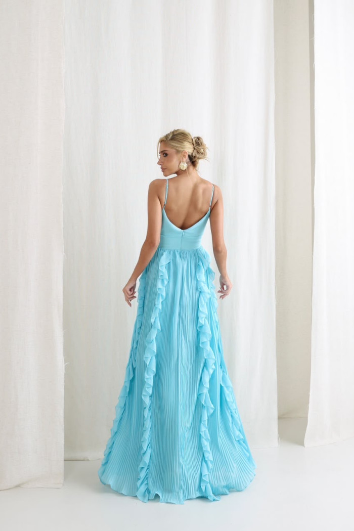 VESTIDO LIZ SAIA PLISSADA BABADO - AZUL TURQUESA