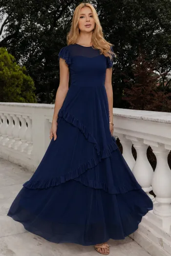 VESTIDO GIULIA LONGO BABADOS SAIA - AZUL MARINHO