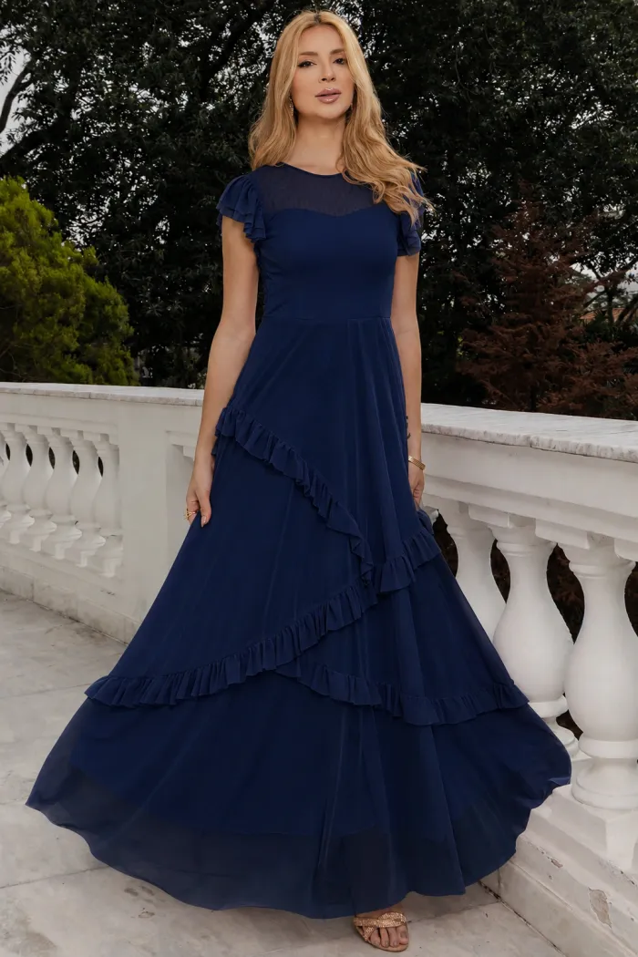VESTIDO GIULIA LONGO BABADOS SAIA - AZUL MARINHO