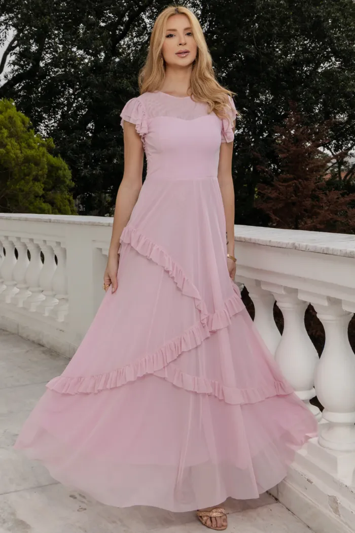 VESTIDO GIULIA LONGO BABADOS SAIA - ROSA