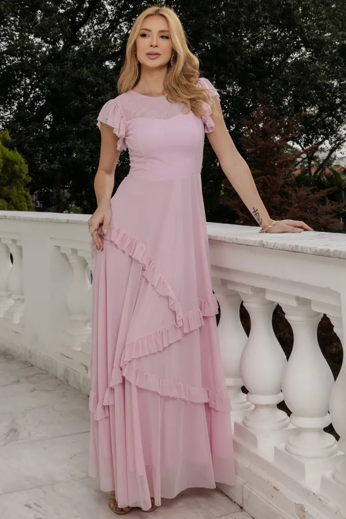 VESTIDO GIULIA LONGO BABADOS SAIA - ROSA