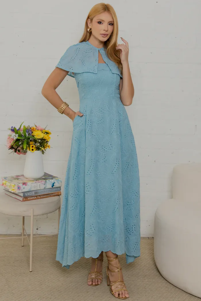 VESTIDO NATÁLIA LAISE COM PELERINE - AZUL