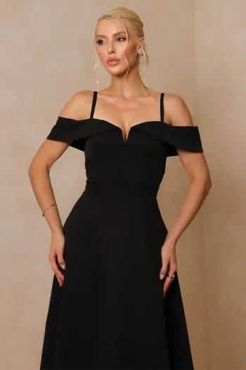 VESTIDO CLARITA MIDI OMBRO A OMBRO COM ALÇA - PRETO