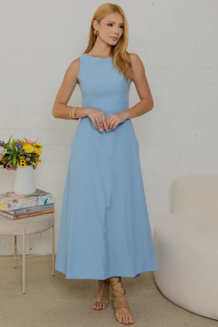 VESTIDO GABRIELA MIDI DETALHE PESPONTADO CAVADO - AZUL CLARO