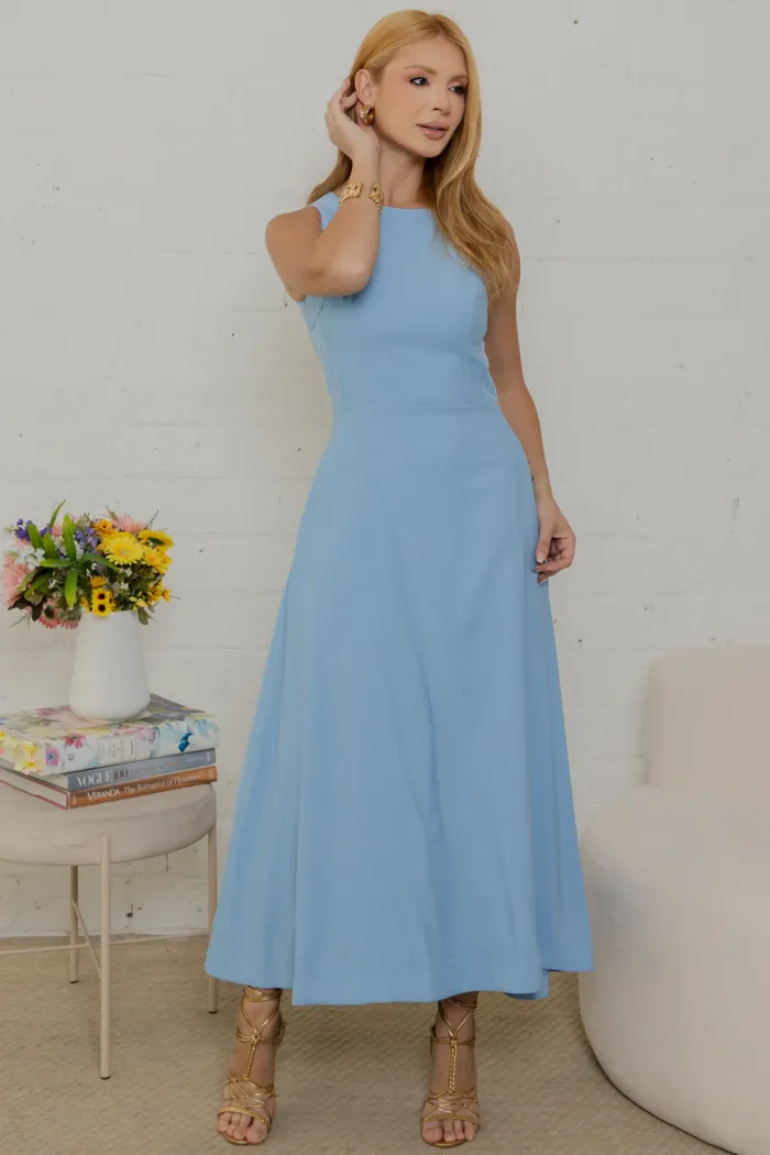 VESTIDO GABRIELA MIDI DETALHE PESPONTADO CAVADO - AZUL CLARO