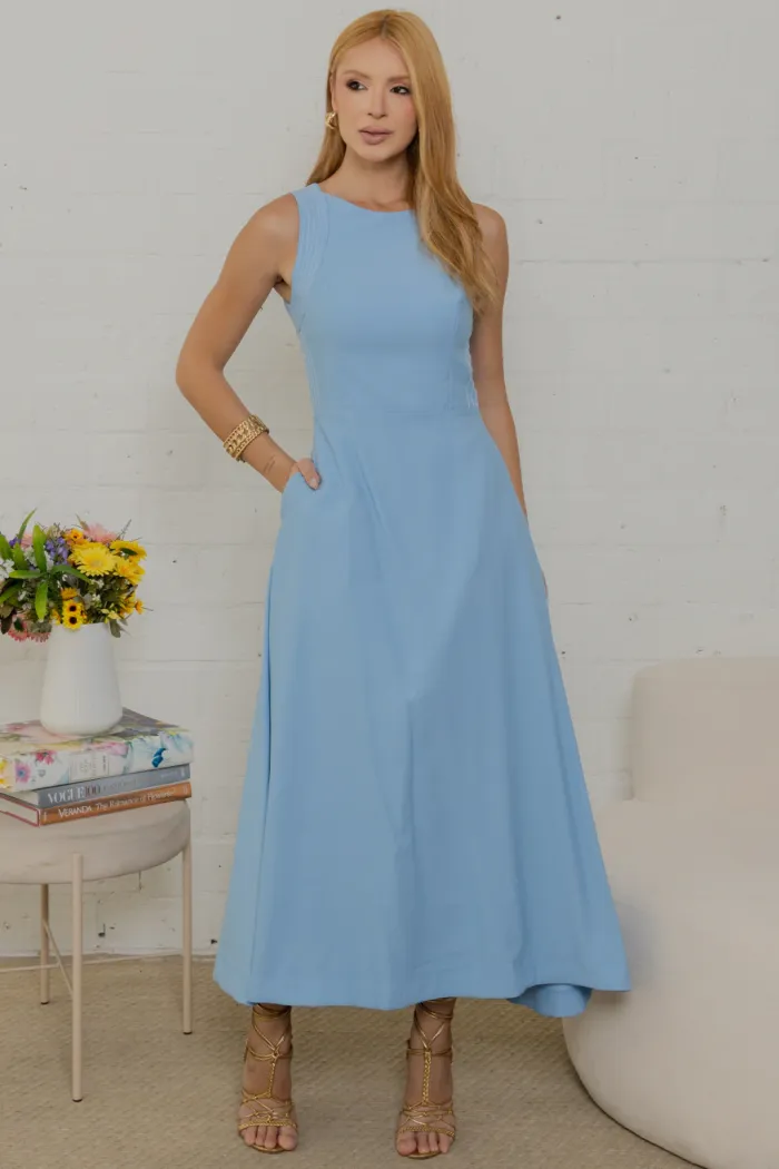 VESTIDO GABRIELA MIDI DETALHE PESPONTADO CAVADO - AZUL CLARO