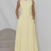 VESTIDO GABRIELA MIDI DETALHE PESPONTADO CAVADO - AMARELO