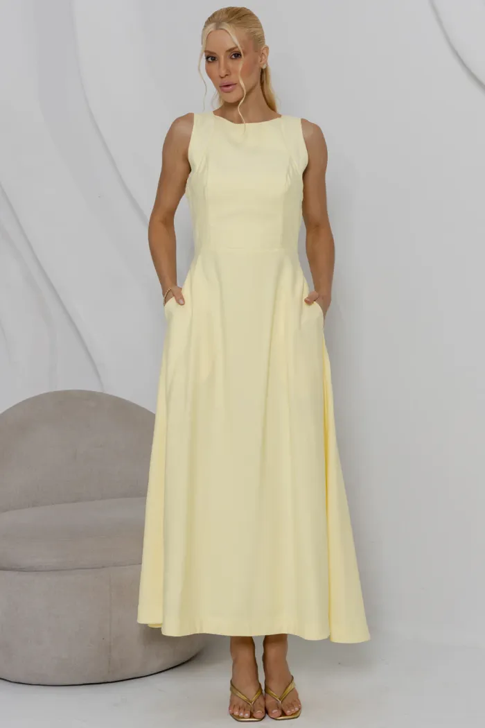 VESTIDO GABRIELA MIDI DETALHE PESPONTADO CAVADO - AMARELO