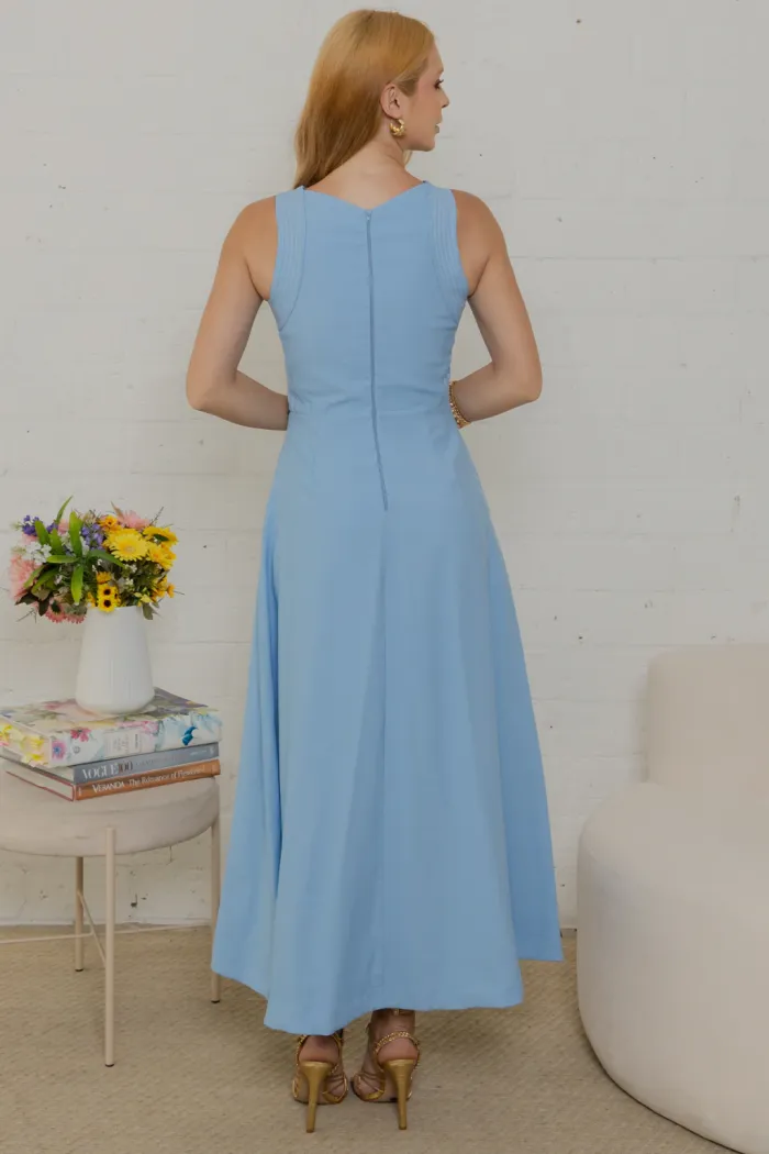 VESTIDO GABRIELA MIDI DETALHE PESPONTADO CAVADO - AZUL CLARO