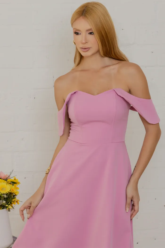 VESTIDO ANA MIDI OMBRO A OMBRO - ROSA