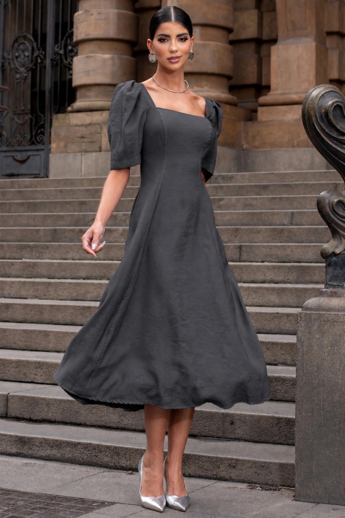 VESTIDO BALI MIDI MANGA BUFANTE - CINZA