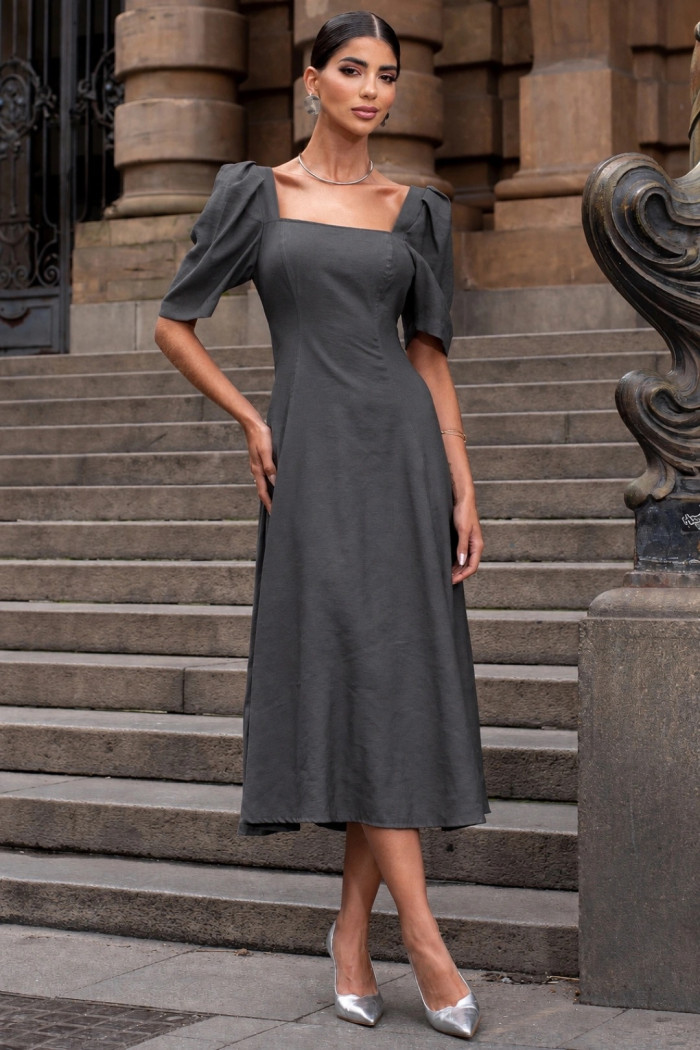 VESTIDO BALI MIDI MANGA BUFANTE - CINZA