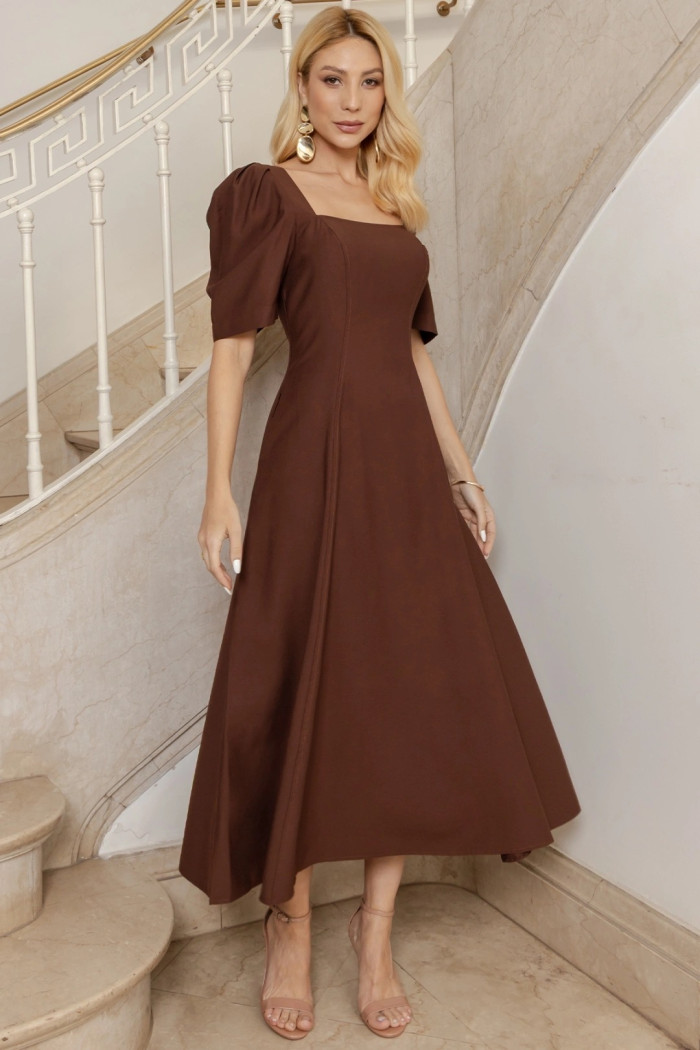 VESTIDO BALI MIDI MANGA BUFANTE - MARROM