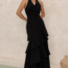 VESTIDO CAROLINE LONGO BABADOS NA SAIA - PRETO
