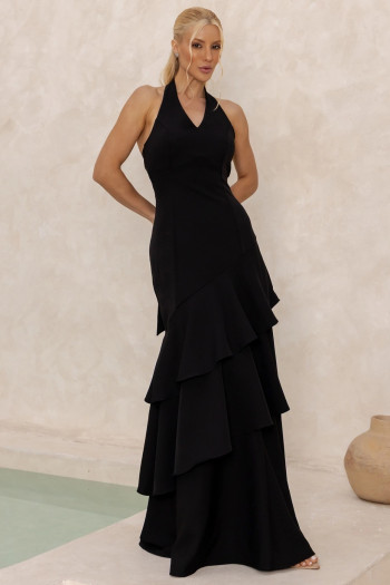 VESTIDO CAROLINE LONGO BABADOS NA SAIA - PRETO