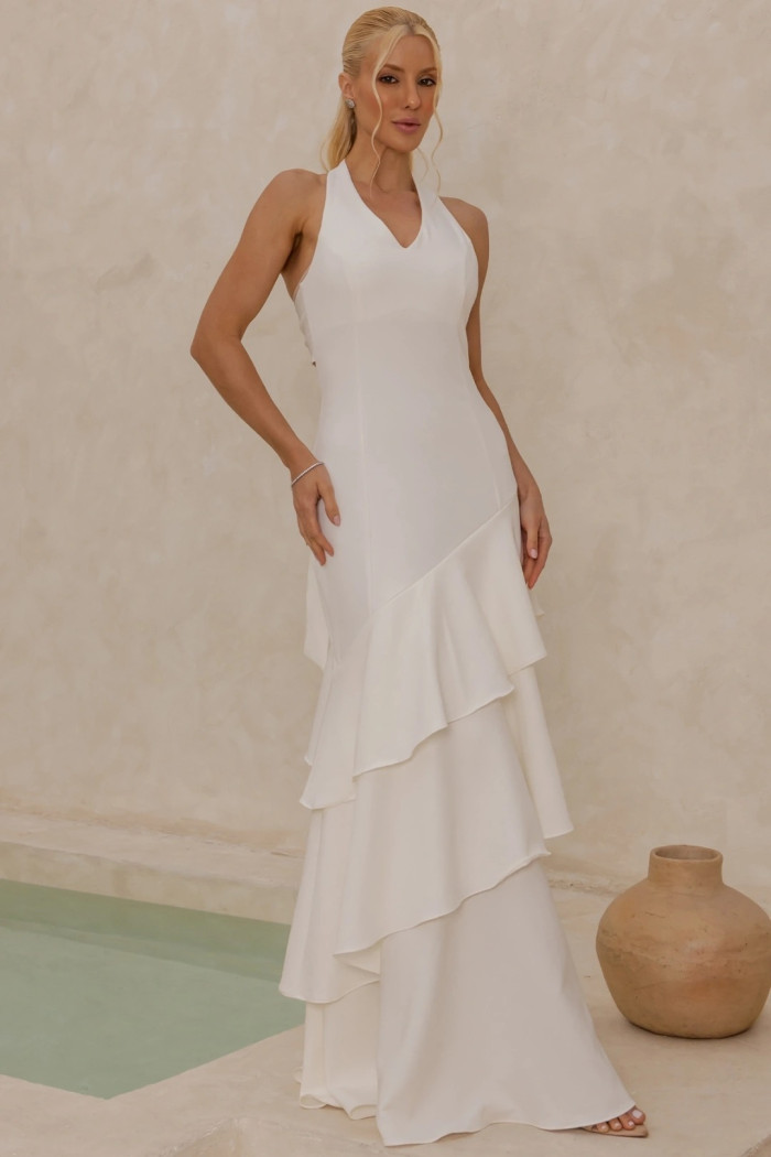 VESTIDO CAROLINE LONGO BABADOS NA SAIA - OFF WHITE