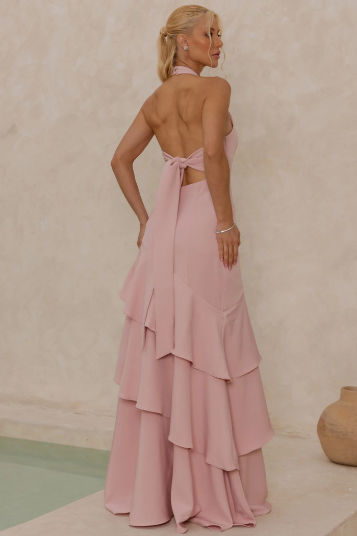 VESTIDO CAROLINE LONGO BABADOS NA SAIA - ROSÉ