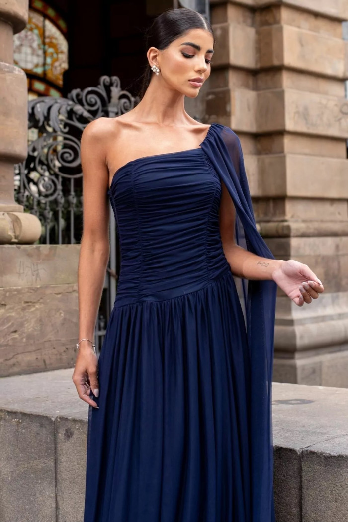 VESTIDO LONGO RUBI UM OMBRO CAPA DRAPEADO - AZUL MARINHO
