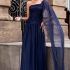 VESTIDO LONGO RUBI UM OMBRO CAPA DRAPEADO - AZUL MARINHO