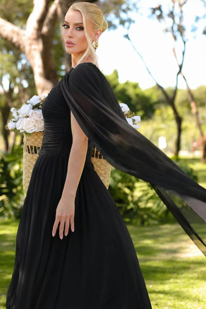 VESTIDO LONGO RUBI UM OMBRO CAPA DRAPEADO - PRETO