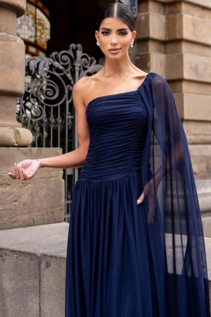 VESTIDO LONGO RUBI UM OMBRO CAPA DRAPEADO - AZUL MARINHO