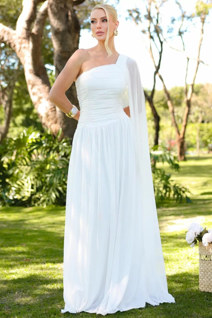 VESTIDO LONGO RUBI UM OMBRO CAPA DRAPEADO - OFF WHITE