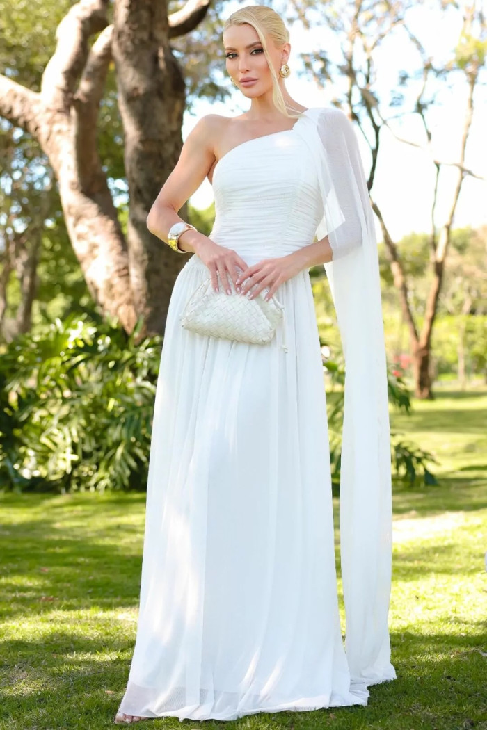 VESTIDO LONGO RUBI UM OMBRO CAPA DRAPEADO - OFF WHITE