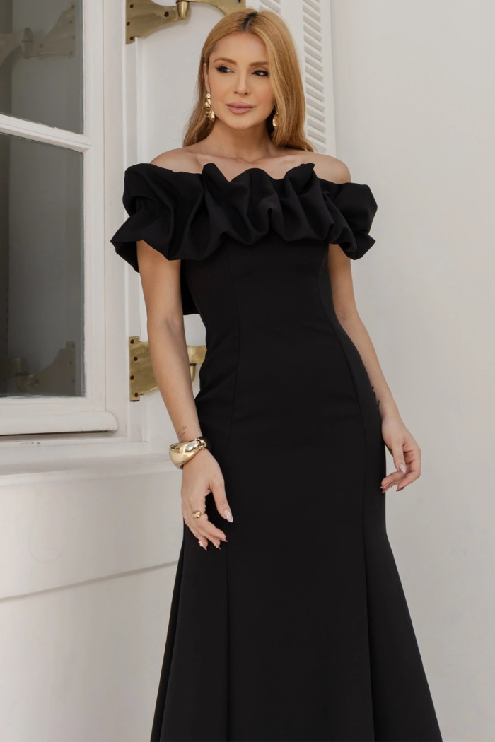 VESTIDO VIOLETA LONGO BABADOS OMBRO A OMBRO - PRETO