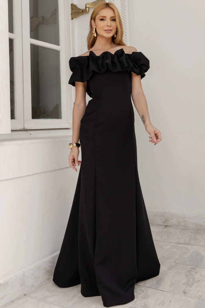 VESTIDO VIOLETA LONGO BABADOS OMBRO A OMBRO - PRETO