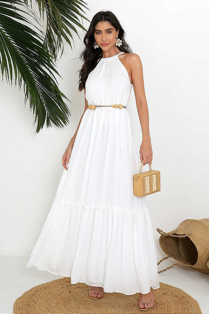 VESTIDO MISS MISSES LONGO CHIFFON GOLA ALTA - OFF WHITE