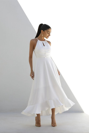 VESTIDO CRISTINA LONGUETE FRANZIDO NO BUSTO  - OFF WHITE