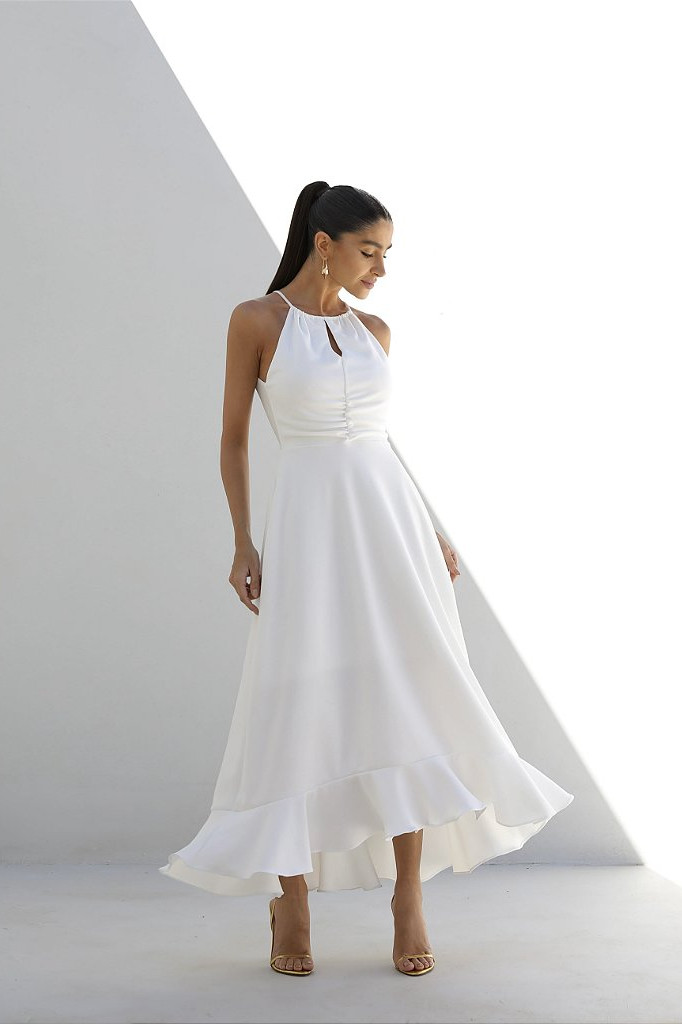 VESTIDO CRISTINA LONGUETE FRANZIDO NO BUSTO  - OFF WHITE