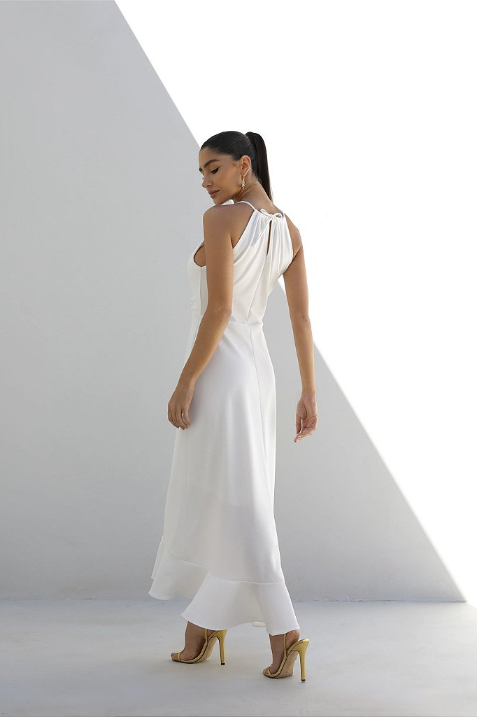 VESTIDO CRISTINA LONGUETE FRANZIDO NO BUSTO  - OFF WHITE