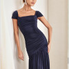 VESTIDO ELEONORA LONGO FRANZIDO - AZUL MARINHO