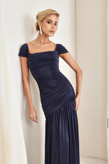 VESTIDO ELEONORA LONGO FRANZIDO - AZUL MARINHO