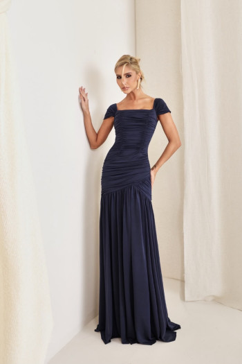VESTIDO ELEONORA LONGO FRANZIDO - AZUL MARINHO