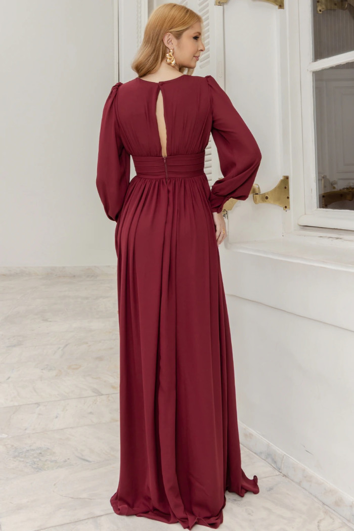 VESTIDO ELISABETE MANGA LONGA CHIFFON - VINHO