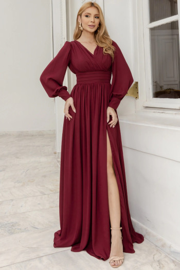 VESTIDO ELISABETE MANGA LONGA CHIFFON - VINHO