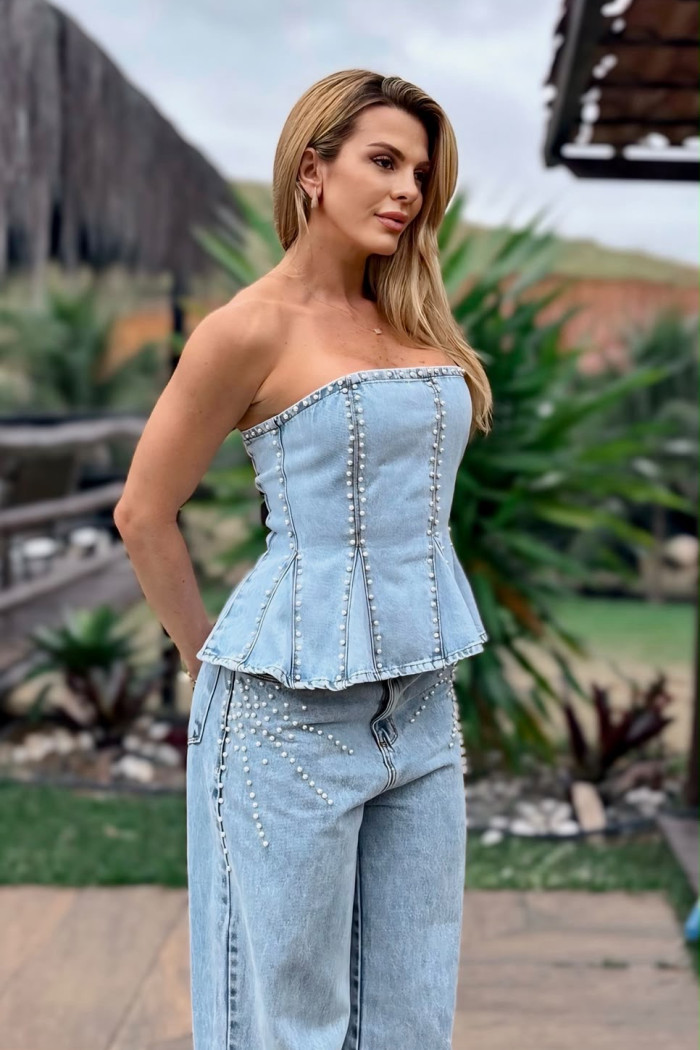 CONJUNTO CALÇA E BLUSA FLAVIANA TQC JEANS PÉROLAS ATELIER - AZUL