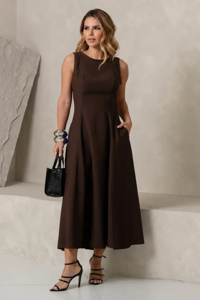 VESTIDO MADRID MIDI RODADO - MARROM