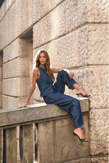 CONJUNTO THALITA COLETE E CALÇA BAREL JEANS - LAVAGEM ESCURO
