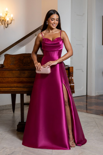VESTIDO ANALU ZIBELINE BUSTO PAETÊ TIRAS COSTAS - FÚCSIA