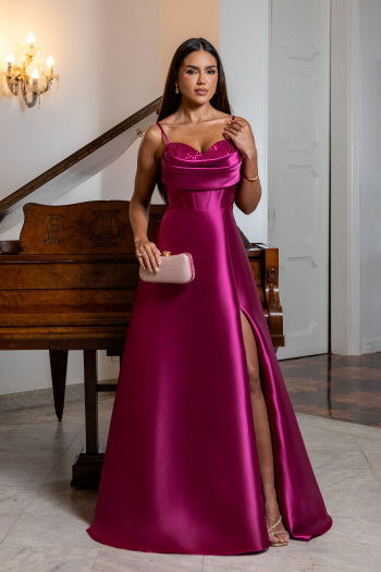 VESTIDO ANALU ZIBELINE BUSTO PAETÊ TIRAS COSTAS - FÚCSIA