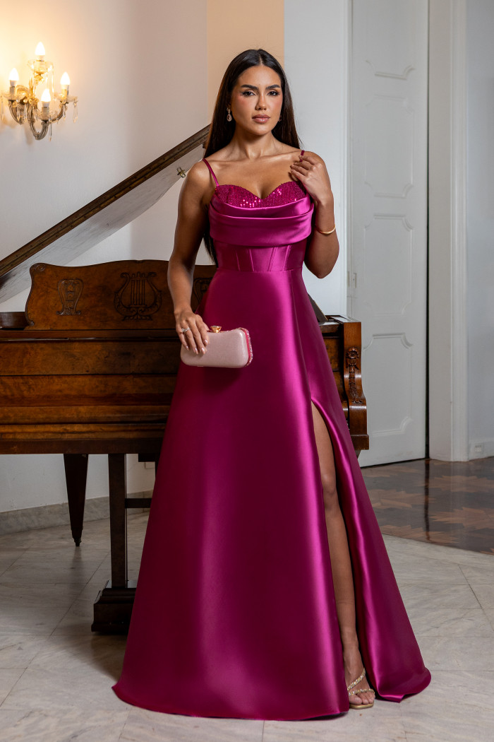 VESTIDO ANALU ZIBELINE BUSTO PAETÊ TIRAS COSTAS - FÚCSIA
