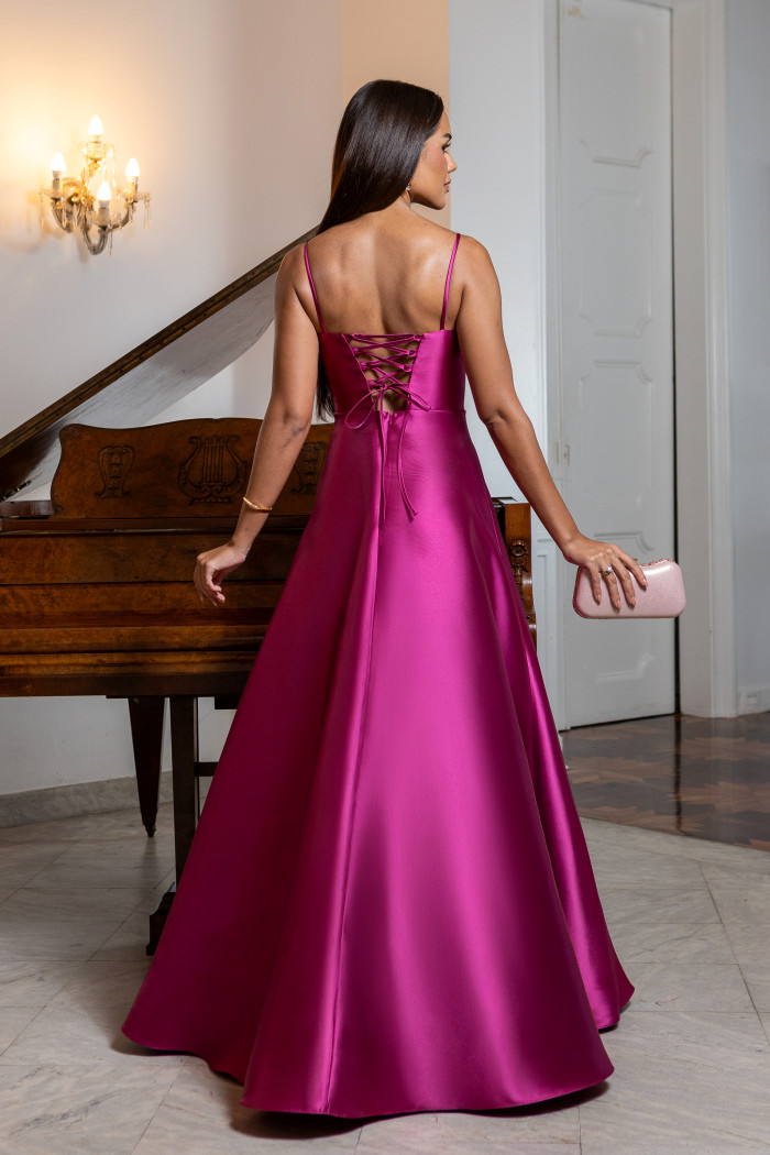 VESTIDO ANALU ZIBELINE BUSTO PAETÊ TIRAS COSTAS - FÚCSIA