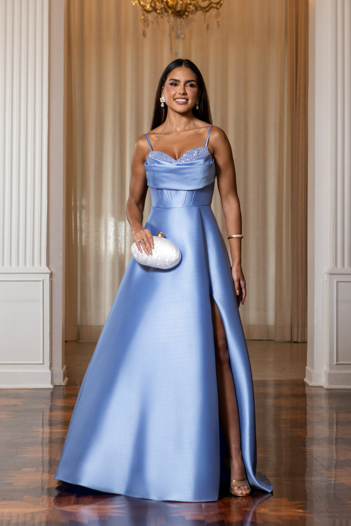 VESTIDO ANALU ZIBELINE BUSTO PAETÊ TIRAS COSTAS - AZUL SERENITY